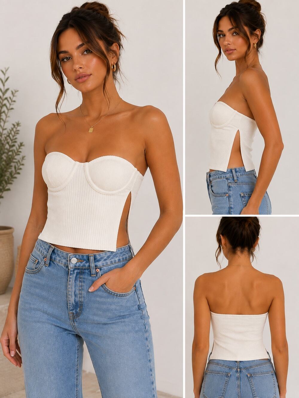 White Fox Cream Ribbed Bustier Tube Top | Strapless Corset Crop Top | Size S